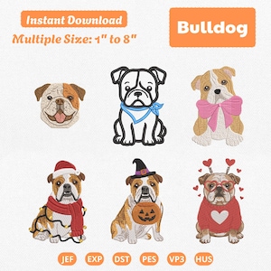 Può includere: Sei disegni da ricamo di bulldog con vari accessori tra cui una bandana blu, un fiocco rosa, un cappello da Babbo Natale con luci, un cappello da strega con zucca e occhiali a forma di cuore. Include il testo Instant Download e Bulldog.