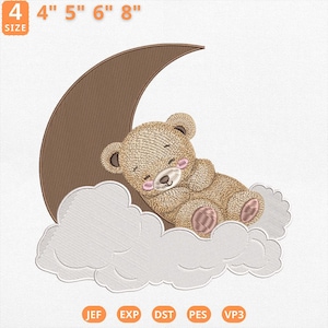 Schlafen Teddy Bär Stickdatei, niedlichen Mond und Wolke Kinderzimmer Stickdatei, Baby Bär Maschinendatei, Bären-Liebhaber, Instant Download