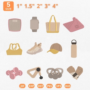 May include: An assortment of fitness-themed embroidered patches. The image includes a scale, smartwatch, tote bag, yoga mat, sports bra, sneakers, baseball cap, water bottle, dumbbells, massage tool, kettlebells, and boxing gloves. Sizes range from 1" to 4".