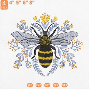 May include: Embroidered bee design with yellow and black stripes, surrounded by blue and orange floral elements. The design is available in 10, 13, 15, and 20 cm sizes. The image shows the JEF, EXP, DST, PES, and VP3 file formats.