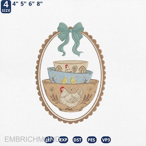 May include: An embroidered design featuring three stacked bowls within an oval frame, topped with a teal bow. The bowls are decorated with farm animals and floral patterns. The design is available in sizes 4", 5", 6", and 8".