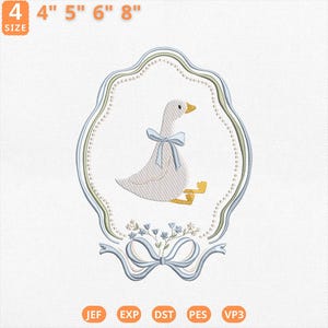 May include: An embroidered design featuring a goose with a light blue bow, set within a decorative frame. The design includes measurements of 4, 5, 6, and 8 inches. The image also displays file formats: JEF, EXP, DST, PES, and VP3.