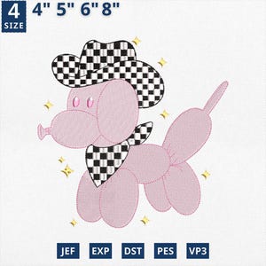 May include: Pink embroidered design of a poodle wearing a cowboy hat and bandana with a checkered pattern. The design includes gold stars and the text "4", "5", "6", "8" and file type abbreviations.