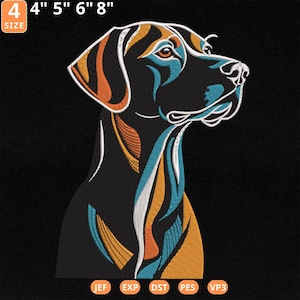 May include: A stylized illustration of a black dog with orange, white, and blue accents. The dog is looking to the right. The image includes the text "4" "4" "5" "6" "8" "SIZE" "JEF" "EXP" "DST" "PES" "VP3".