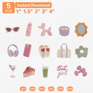 Mini That Girl Icons Embroidery Bundle, Lifestyle Aesthetic Headphones Glasses Embroidery, Healthy Fitness Machine File, Instant Download