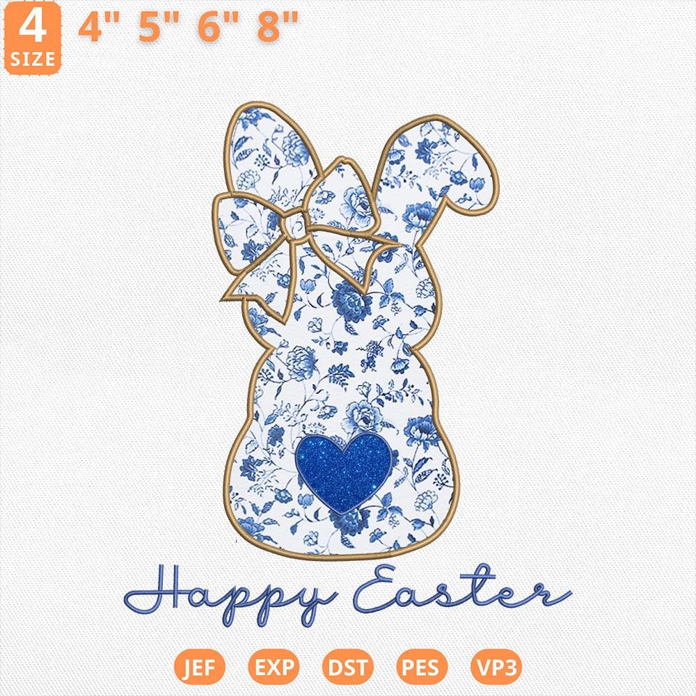 Happy Easter Applique Embroidery Design, Blue Floral Chinoiserie Bunny ...