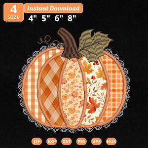 May include: An embroidery design of a pumpkin featuring segments with orange plaid, floral, and autumn leaf patterns, accented by a brown stem, a green leaf, and white lace trim. Text includes 4 SIZE 4" 5" 6" 8" and file formats JEF, EXP, DST, PES, VP3, HUS.