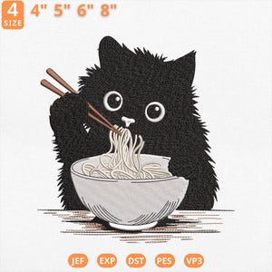 Ramen Cat Embroidery Design, Cute Noodle Cat Machine File, Japanese Anime Cat File, Anime Cat Pes, Ramen Lover, Cat Lover, Instant Download image 1