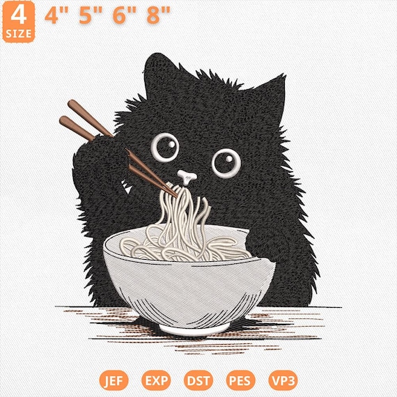 Ramen Cat Embroidery Design, Cute Noodle Cat Machine File, Japanese Anime Cat File, Anime Cat Pes, Ramen Lover, Cat Lover, Instant Download