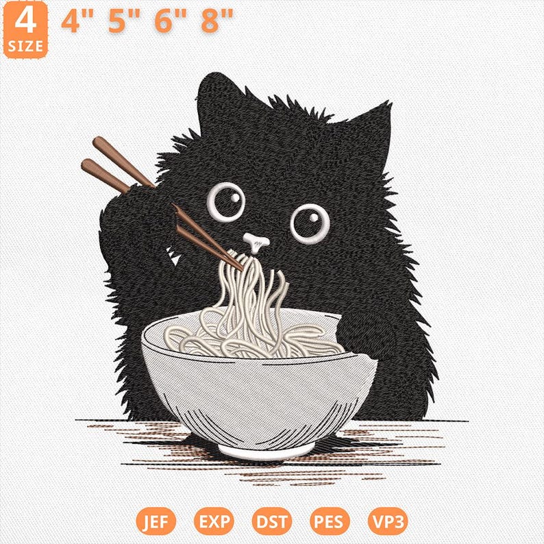 Ramen Cat Embroidery Design, Cute Noodle Cat Machine File, Japanese Anime Cat File, Anime Cat Pes, Ramen Lover, Cat Lover, Instant Download image 1