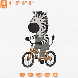 May include: An embroidered design featuring a cartoon zebra on a bicycle. The zebra wears gray dungarees and has black and white stripes. The bicycle is orange with black wheels. Size options are shown: 4", 5", 6", and 8".