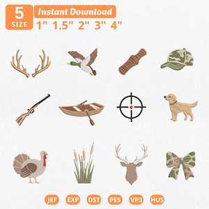 May include: A digital embroidery design set featuring twelve hunting-themed icons including deer antlers, a flying duck, a call, a camouflage cap, a rifle, a rowboat, a crosshair, a dog, a turkey, cattails, a deer head, and a camouflage bow.