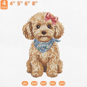Cute Poodle Embroidery Design, Puppy Poodle with Red Bow and Floral Bandana Machine File, Sweet Pet Portrait Embroidery, Instant Download