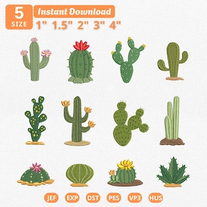 May include: A digital embroidery design set featuring twelve distinct green cactus illustrations in various shapes and sizes. The text indicates 5 sizes available ranging from 1 inch to 4 inches, with file formats including JEF, EXP, DST, PES, VP3, and HUS.