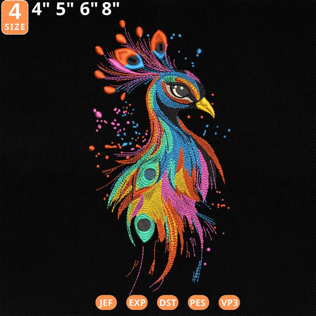 カラフルな孔雀の刺繍デザイン、芸術的な鳥の機械ファイル、ボヘミアン
