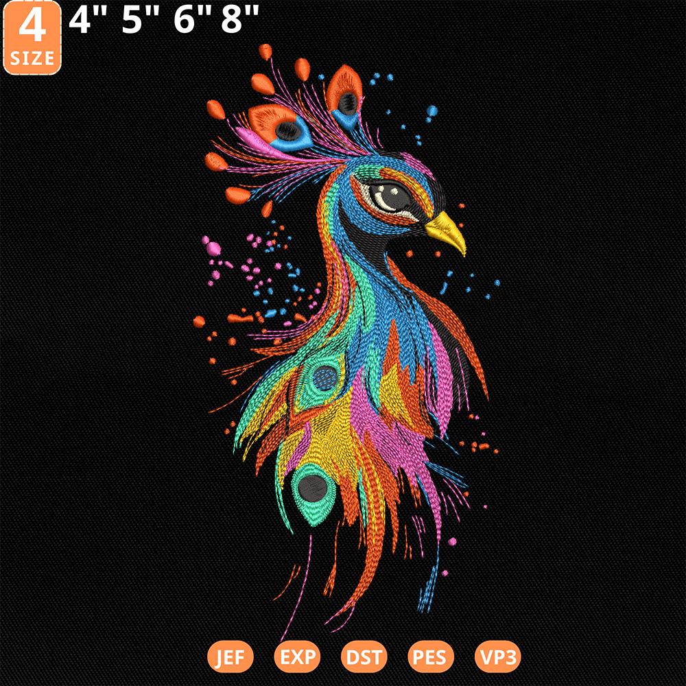 カラフルな孔雀の刺繍デザイン、芸術的な鳥の機械ファイル、ボヘミアン