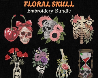 Set of 7 Floral Skull Embroidery, Floral Skeleton Embroidery Pattern, Gothic Romantic Machine File, Boho Skull Design, Instant Download