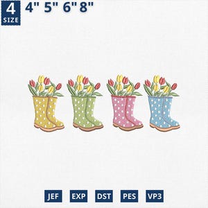 Puede incluir: Cuatro botas de lluvia bordadas en amarillo, verde, rosa y azul, cada una con lunares blancos y un ramo de tulipanes. Las botas miden 10, 13, 15 y 20 cm de altura. La imagen también incluye abreviaturas de tipo de archivo.