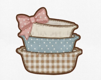 Vintage Kitchen Applique Embroidery Design, Retro Mixing Bowls Embroidery, Pyrex Bowl Stack Machine File, Girly Thrifting, Instant Download