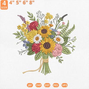 Peut inclure: Broderie d'un bouquet floral avec des tournesols, des marguerites et des roses aux tons de jaune, rouge, rose et vert. Le bouquet est noué avec de la ficelle. La taille est de 10,16 cm, 12,7 cm, 15,24 cm et 20,32 cm de diamètre.