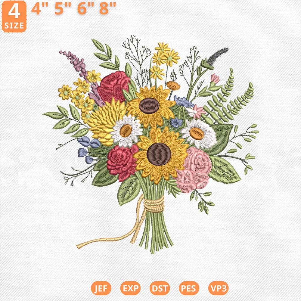 Wildflower Bouquet Embroidery Design, Colorful Botanical Floral