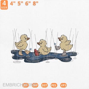 Schattige eendjes in regenlaarzen borduurontwerp, spetterende plas eend borduurbestand, lente regenachtige dag machinebestand, instant download