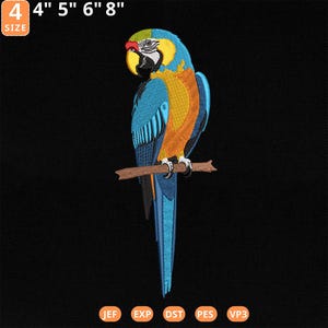 May include: Embroidered design of a blue and yellow macaw perched on a branch. The design is available in four sizes: 4 inches, 5 inches, 6 inches, and 8 inches.