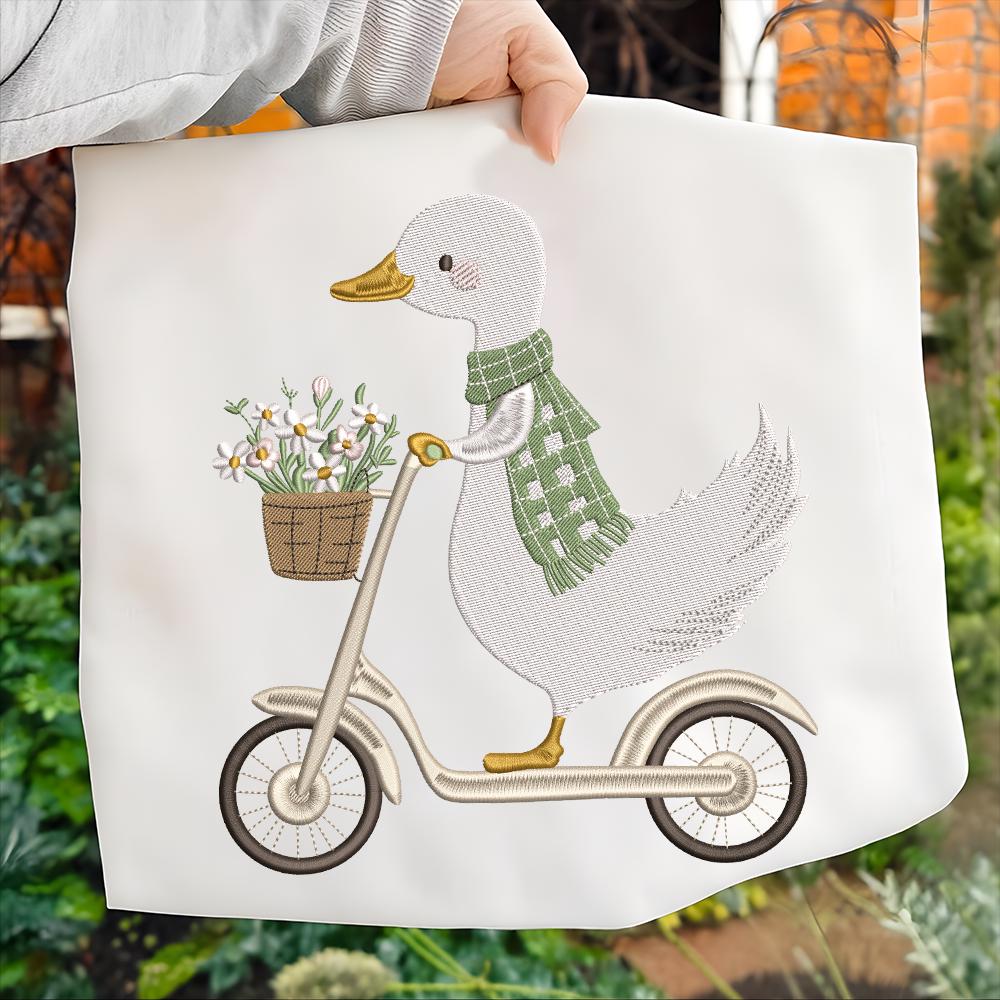 Cute Duck Scooter Embroidery Design, Neutral Nursery Goose Riding ...