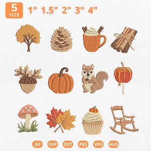 Mini herfst pictogrammen bundel borduurontwerp, gezellige Cabincore herfst esthetisch ontwerp, pompoen, boseekhoorn machinebestand, Instant Download