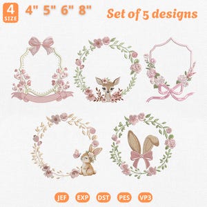 Può includere: Set di 5 ricami con ghirlande floreali, un cervo, un coniglio e cornici. Misure disponibili: 10 cm, 13 cm, 15 cm e 20 cm. I disegni sono nei formati JEF, EXP, DST, PES e VP3.