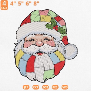 May include: Embroidered Santa Claus face with a patchwork design. The Santa has a white beard and hat trim, rosy cheeks, and a smiling expression. The design is available in sizes 10 cm, 13 cm, 15 cm, and 20 cm.
