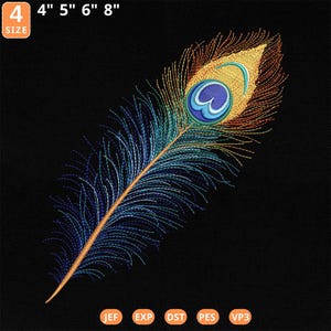May include: An embroidered peacock feather design on a black background. The feather is in shades of blue, green, yellow, and orange. The size is indicated as 10, 13, 15, and 20 cm.
