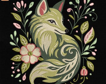 Floral Fox Embroidery Design, Woodland Animal Vintage Machine Embroidery Pattern, Elegant Forest Fox Digital File, Instant Download