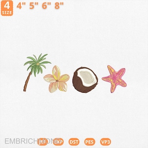 May include: Embroidered tropical design featuring a palm tree, flower, coconut, and starfish. The design includes sizes 10 cm, 13 cm, 15 cm, and 20 cm. The image also includes the text "EMBRICH" and file type abbreviations.