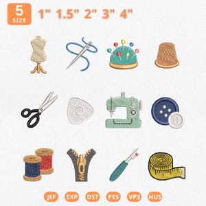 Pode incluir: Uma coleção de desenhos bordados com tema de costura. Inclui um manequim, agulha e linha, alfineteiro, dedal, tesoura, giz, máquina de costura, botões, carretéis de linha, zíper, abridor de costura e fita métrica. Tamanhos de 2.5 cm a 10 cm.