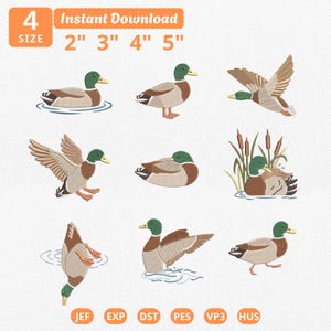May include: A collection of nine mallard duck embroidery designs in various poses, including swimming, flying, and standing. Text includes 4 SIZE, Instant Download, 2" 3" 4" 5", and file formats JEF, EXP, DST, PES, VP3, HUS. The ducks feature green heads.