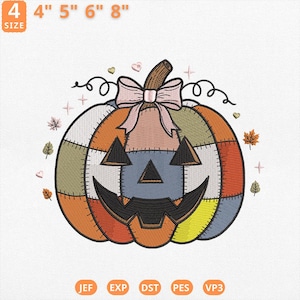 May include: Embroidered pumpkin design with a patchwork pattern in orange, green, blue, and pink. The pumpkin has a smiling face, a brown stem, and a pink bow. The design is surrounded by leaves and hearts. The size is 4, 4", 5", 6", and 8".