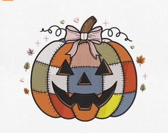Vintage Patchwork Pumpkin Embroidery Design, Halloween Pumpkin Embroidery Pattern, Fall Pumpkin Machine File, Fall Girly, Instant Download