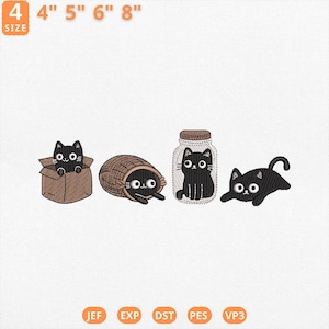 May include: Embroidered designs of black cats in various poses. One cat is in a box, another in a basket, one in a jar, and one lying down. The sizes range from 4 to 8 inches. The word "SIZE" is in the upper left corner.