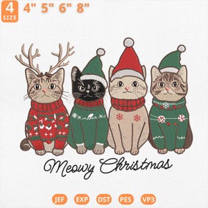 Meowy Christmas Embroidery Design, Cute Cats with Santa Claus Hat Embroidery File, Holiday Cats Machine File, Cat Lover, Instant Download