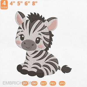 Diseño de bordado de cebra bebé adorable, archivo de bordado de animales de safari para guardería, archivo de máquina de coser de cebra bebé de la jungla, archivo de animales del zoológico, descarga instantánea.