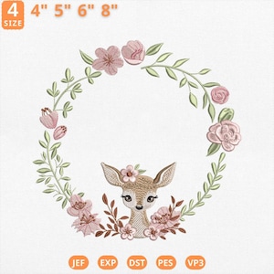 Cute Deer Monogram Frame Embroidery Design, Baby Deer Floral Wreath Crest File, Cute Baby Banner Crest Machine File, Custom Baby Name Wreath