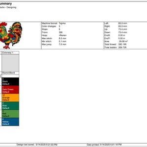 May include: Production summary for a 6-inch rooster design. The image shows a colorful rooster embroidery design with black, dark green, orange, blue, red, and yellow thread colors. The design has a height of 5.78 inches and a width of 5.19 inches.