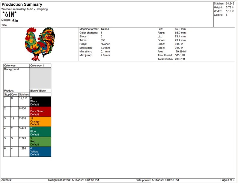May include: Production summary for a 6-inch rooster design. The image shows a colorful rooster embroidery design with black, dark green, orange, blue, red, and yellow thread colors. The design has a height of 5.78 inches and a width of 5.19 inches.