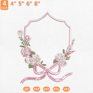 Monogram Floral Frame Embroidery Design, Pink Floral Wreath Crest Embroidery, Cute Baby Banner Crest Machine File, Custom Baby Name Wreath