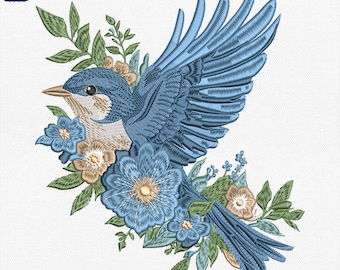 May include: Embroidered design of a blue bird in flight, surrounded by blue and tan flowers and green leaves. The design is available in 4", 5", 6", and 8" sizes. File formats include JEF, EXP, DST, PES, and VP3.