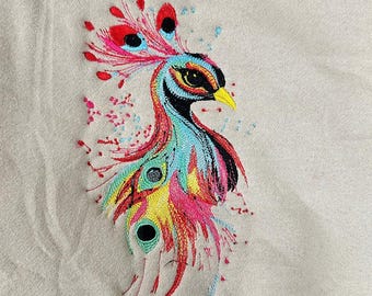 カラフルな孔雀の刺繍デザイン、芸術的な鳥の機械ファイル、ボヘミアン