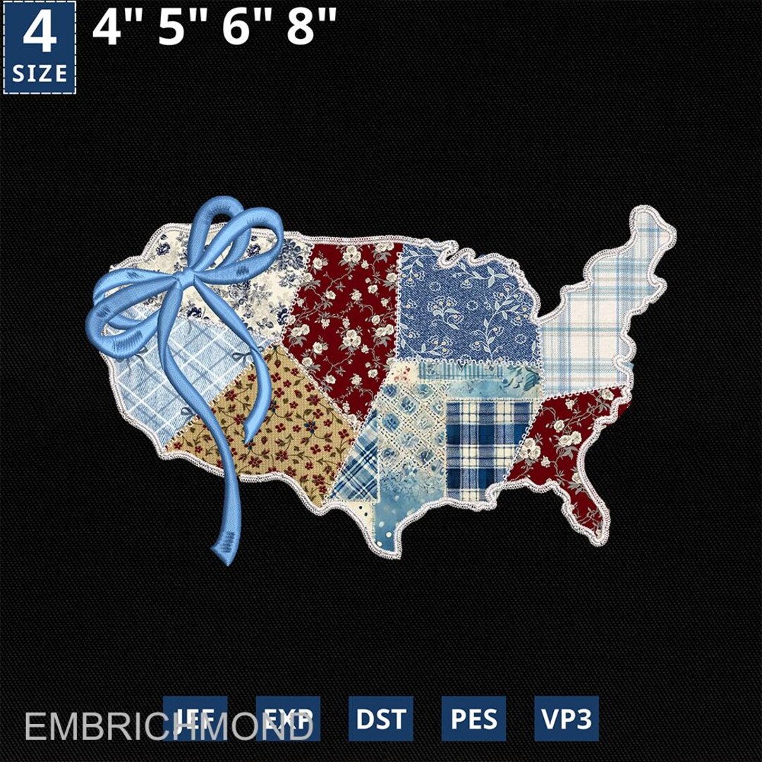 State Patchwork State Map Lace Applique Embroidery Design, Coquette State Map Patchwork ...