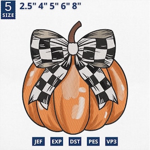 Pumpkin Coquette Bow Embroidery Design, Halloween Checkered Bow Machine File, Fall Pumpkin Embroidery File, Spooky Season, Instant Download