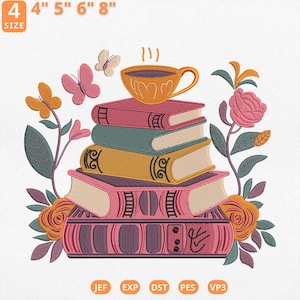 May include: An embroidered design featuring a stack of books with a teacup on top. The books are in shades of pink, green, and gold, with floral and butterfly accents. The design is approximately 4" to 8" in size.